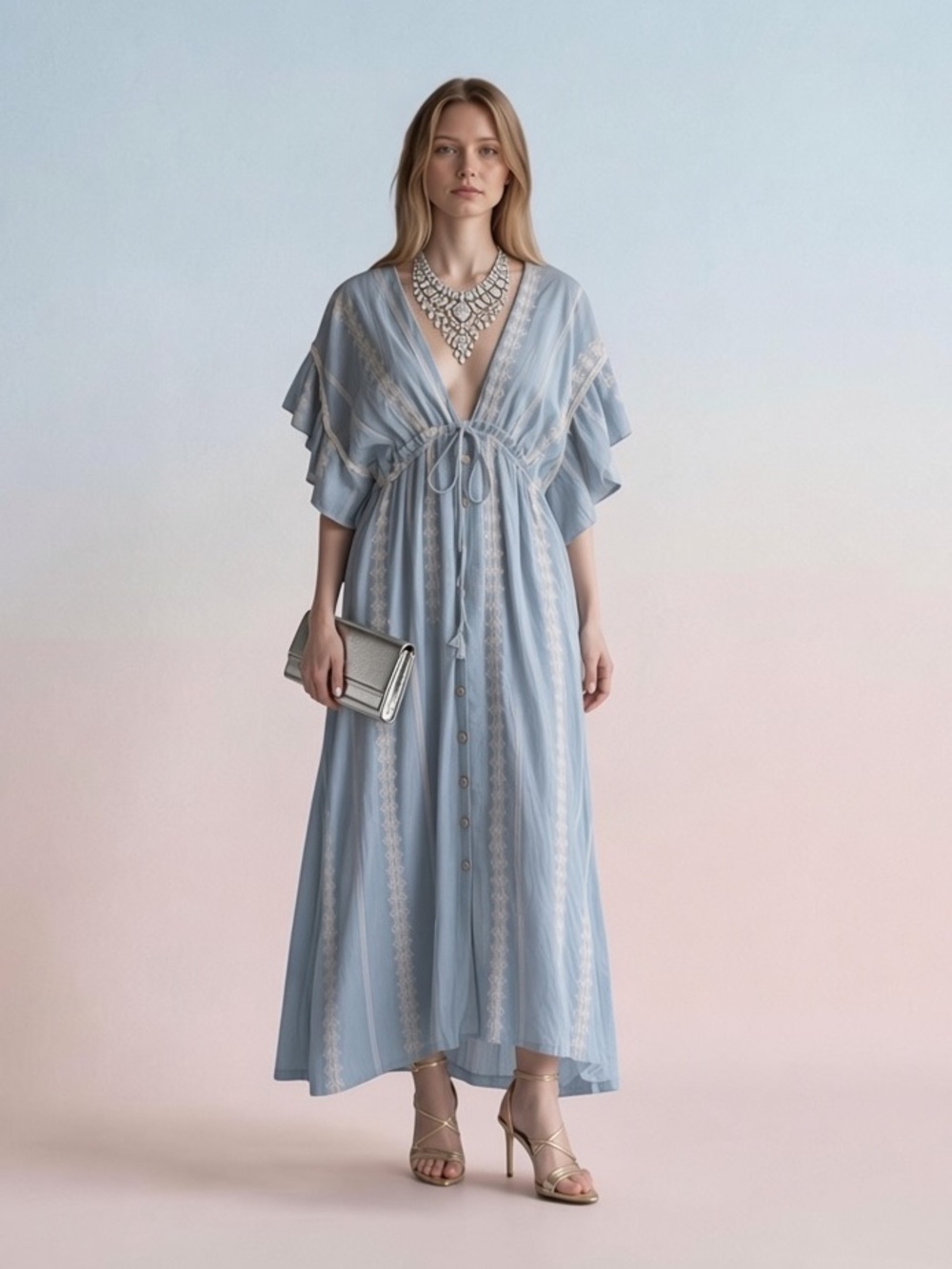 Boho Light Blue Embroidered Maxi Dress with Drawstring Waist